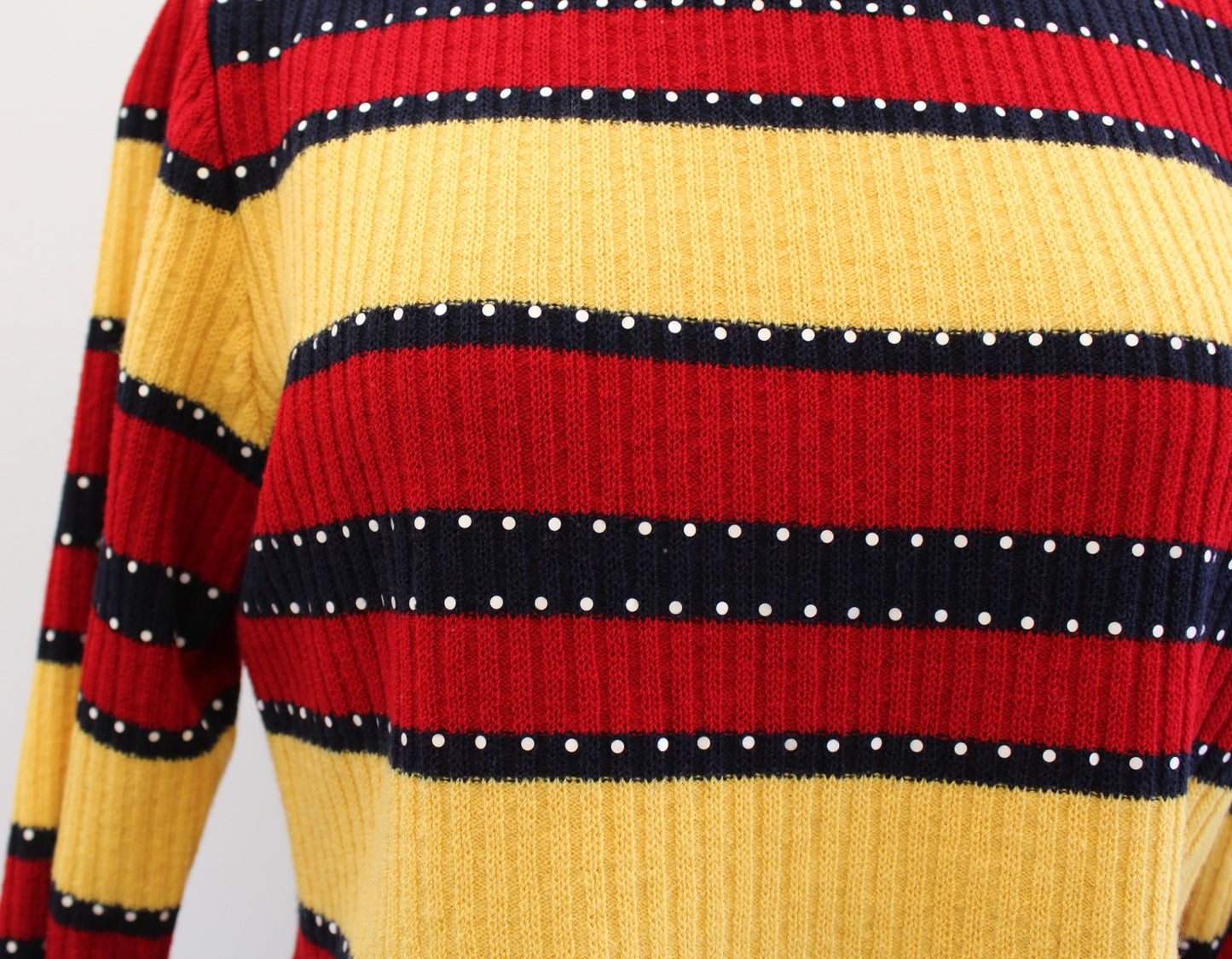Vtg St John Sport Red Yellow Navy Striped Dot Knit Cropped Sweater Top Size M