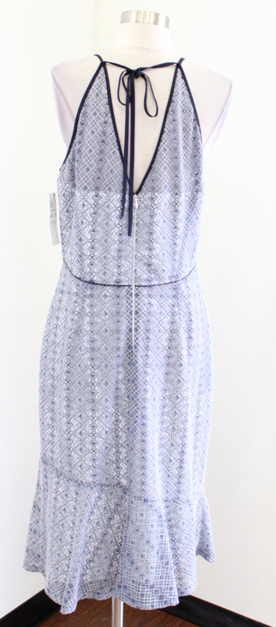 NWT Antonio Melani Blue Lace Illusion Halter Flounce Hem Sheath Dress Size 10