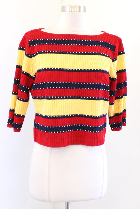 Vtg St John Sport Red Yellow Navy Striped Dot Knit Cropped Sweater Top Size M