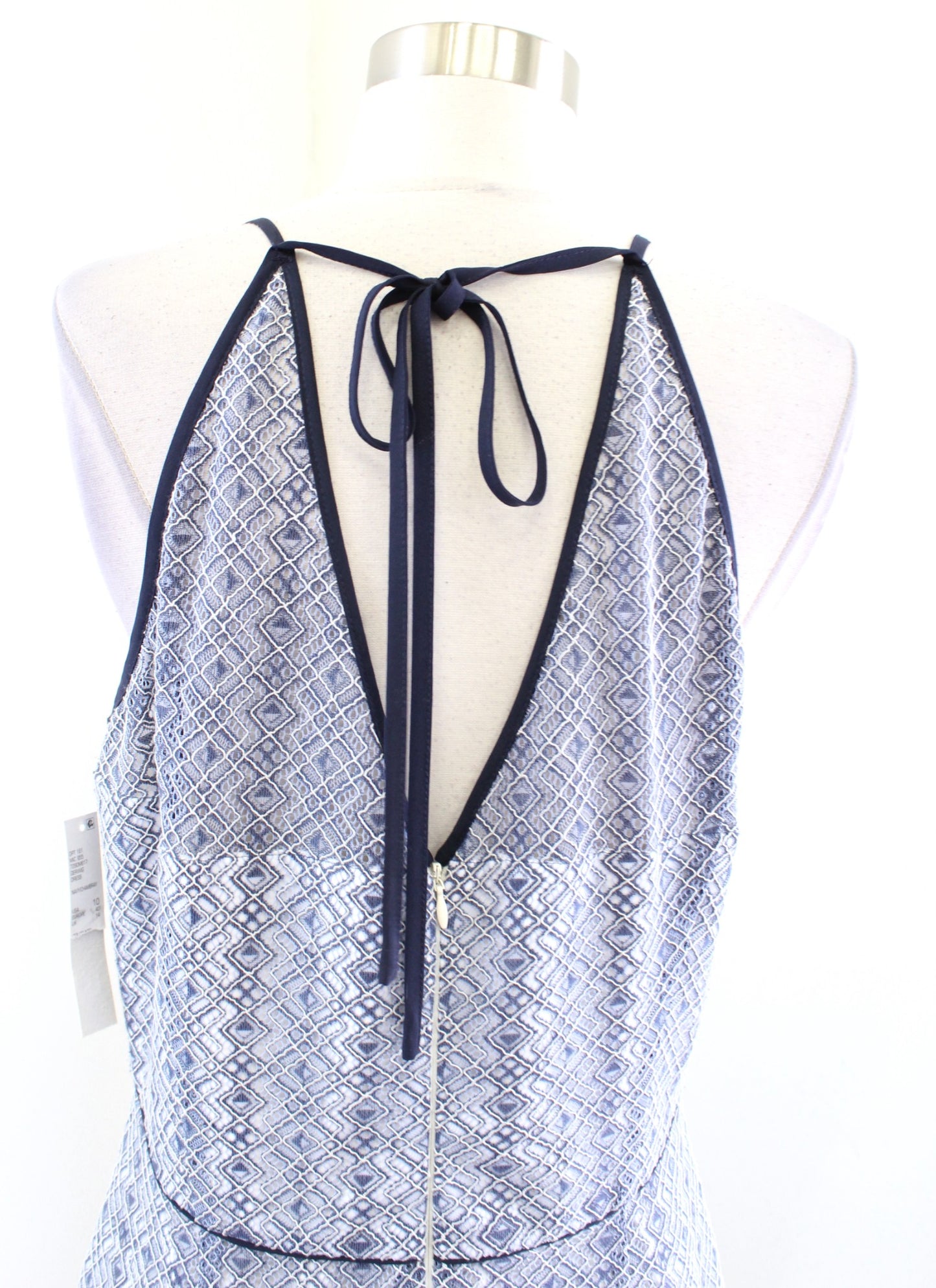 NWT Antonio Melani Blue Lace Illusion Halter Flounce Hem Sheath Dress Size 10