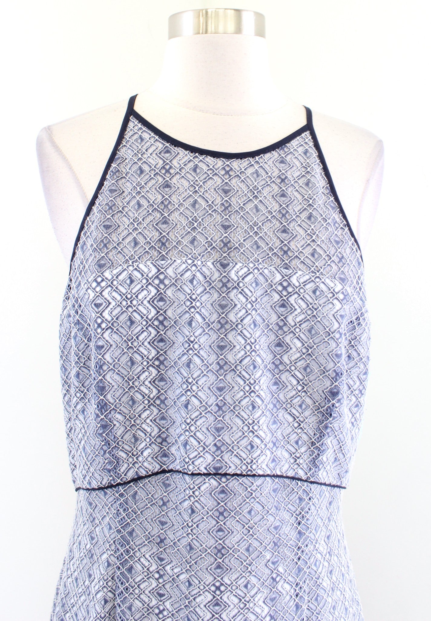 NWT Antonio Melani Blue Lace Illusion Halter Flounce Hem Sheath Dress Size 10