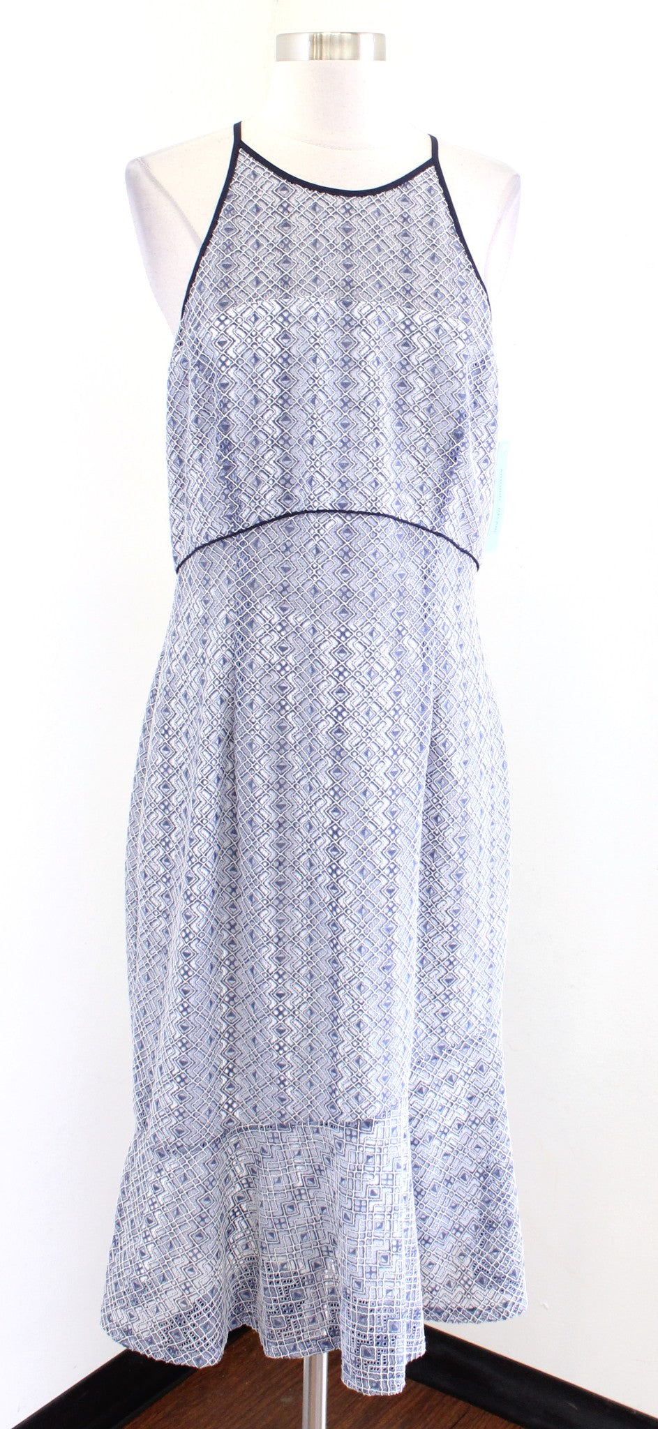 NWT Antonio Melani Blue Lace Illusion Halter Flounce Hem Sheath Dress Size 10
