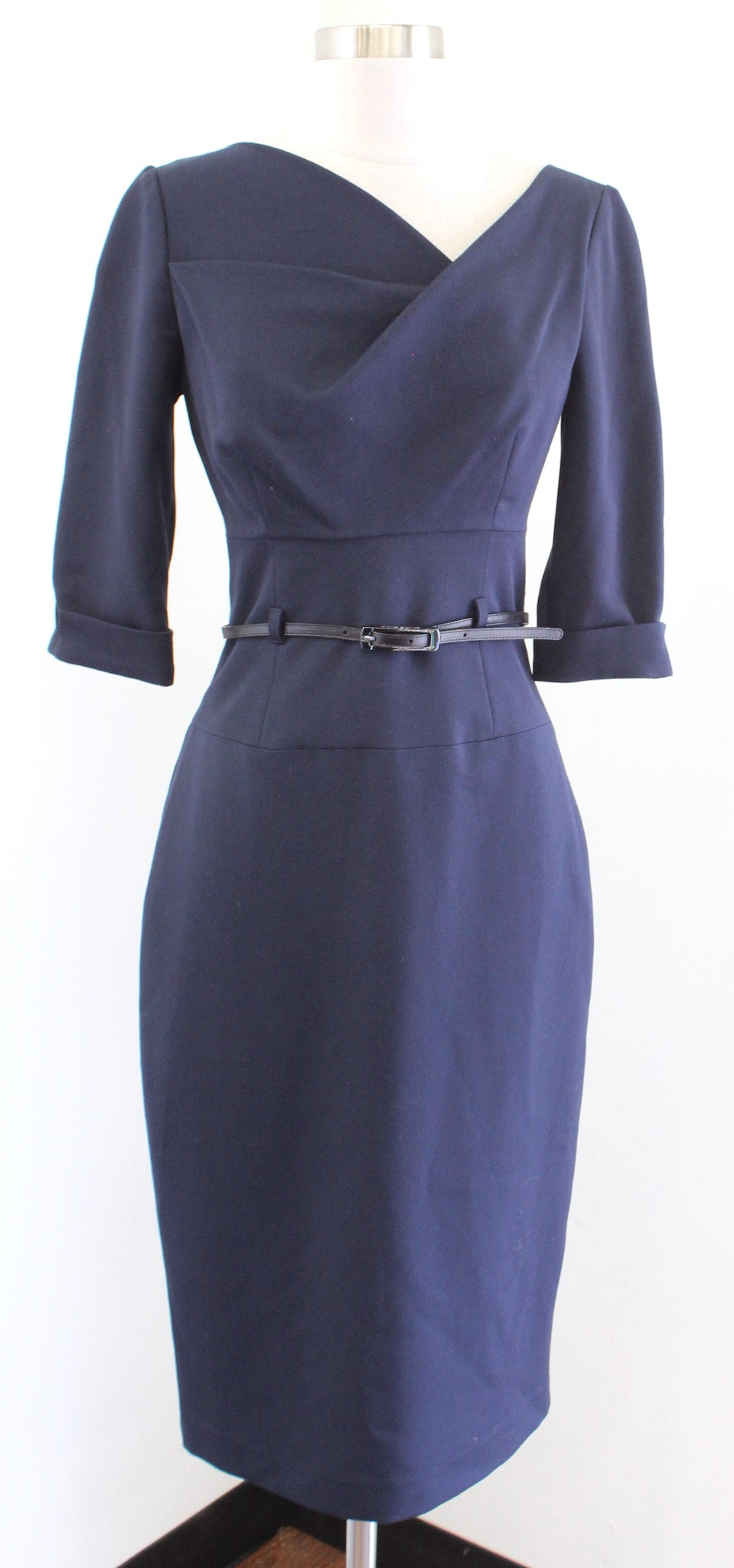 Black Halo Womens Solid Navy Blue 3/4 Sleeve Jackie O Sheath Dress Size 2 Career