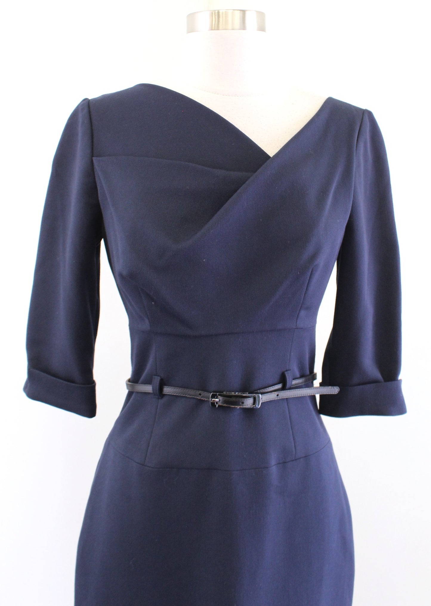 Black Halo Womens Solid Navy Blue 3/4 Sleeve Jackie O Sheath Dress Size 2 Career