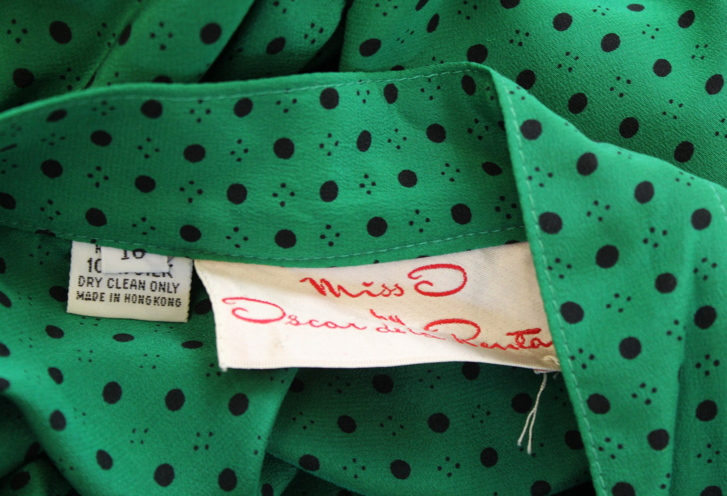 Vtg Miss O Oscar De La Renta Green Silk Polka Dot Skirt & Blouse 2 Pc Set Sz 10