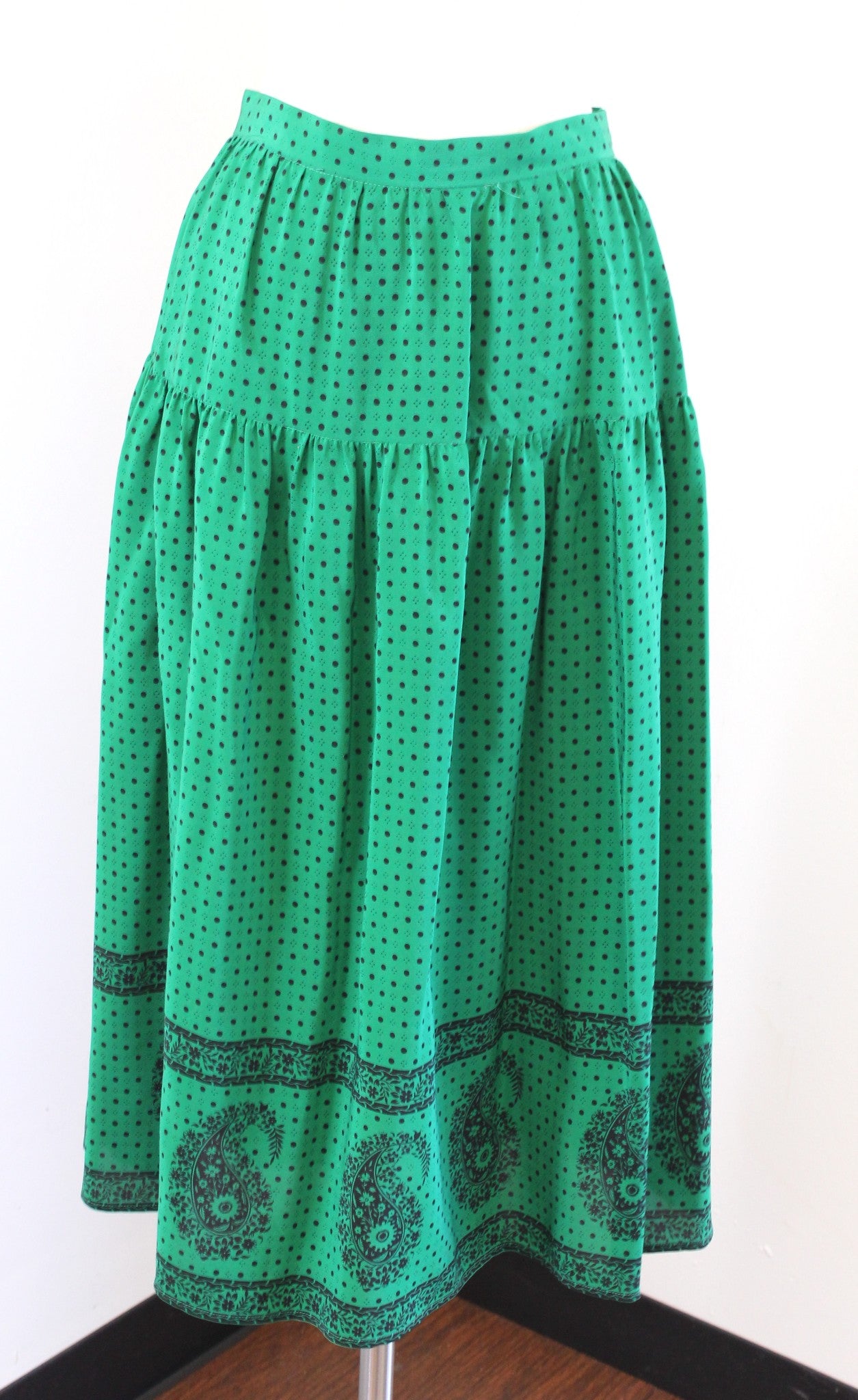 Vtg Miss O Oscar De La Renta Green Silk Polka Dot Skirt & Blouse 2 Pc Set Sz 10