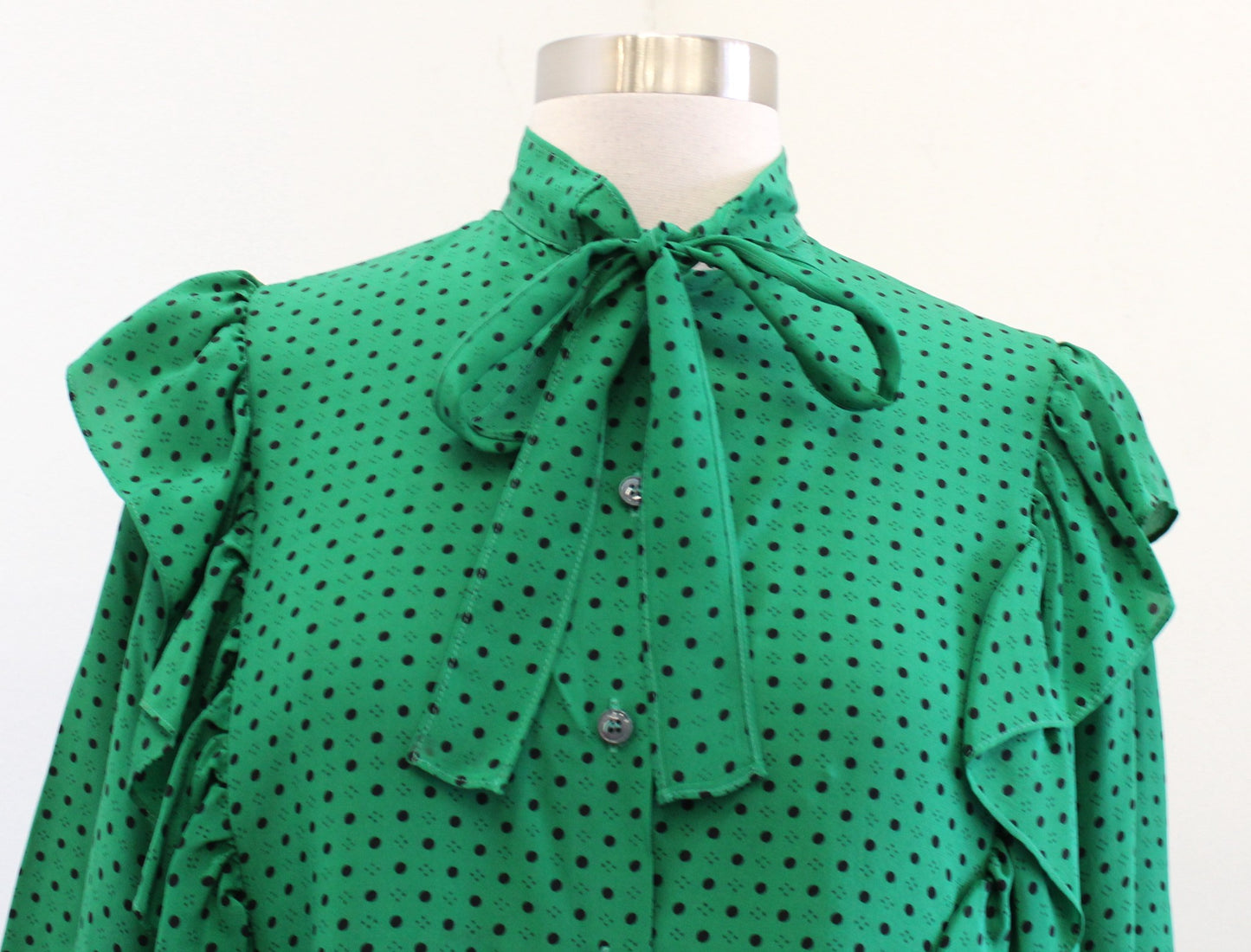 Vtg Miss O Oscar De La Renta Green Silk Polka Dot Skirt & Blouse 2 Pc Set Sz 10