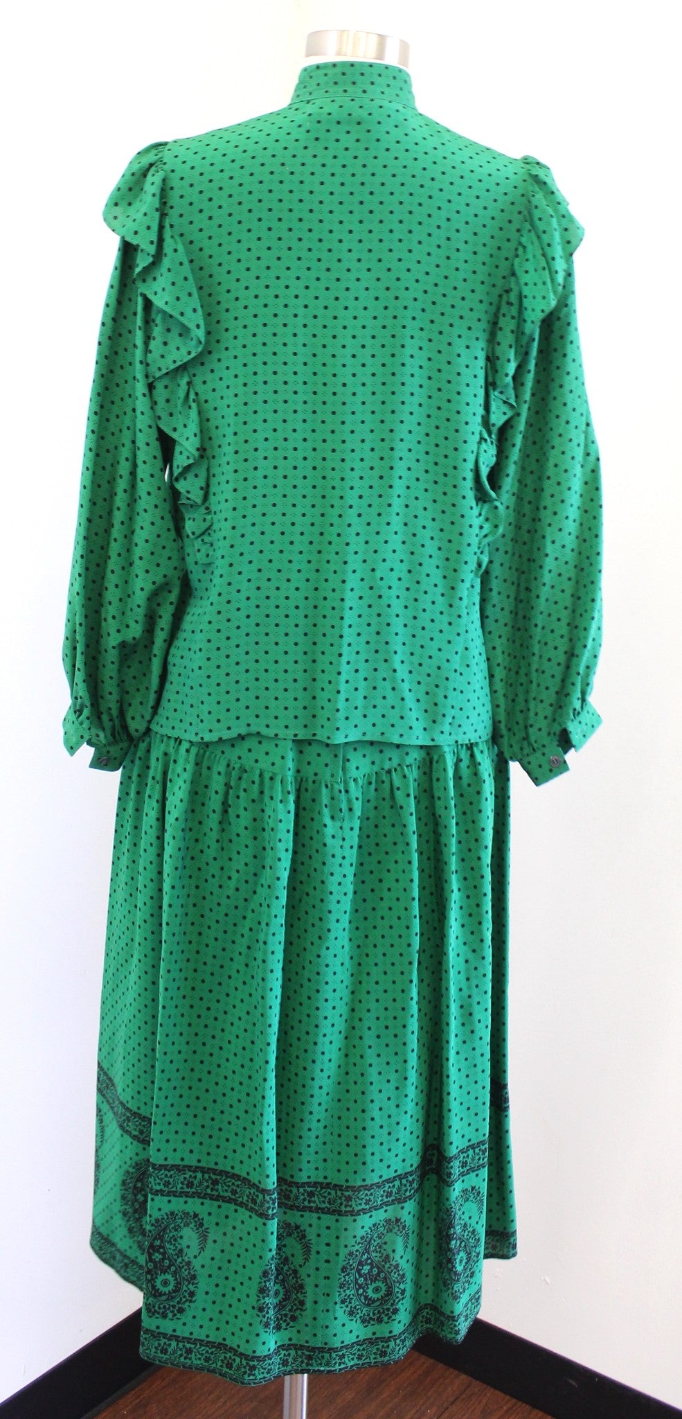 Vtg Miss O Oscar De La Renta Green Silk Polka Dot Skirt & Blouse 2 Pc Set Sz 10
