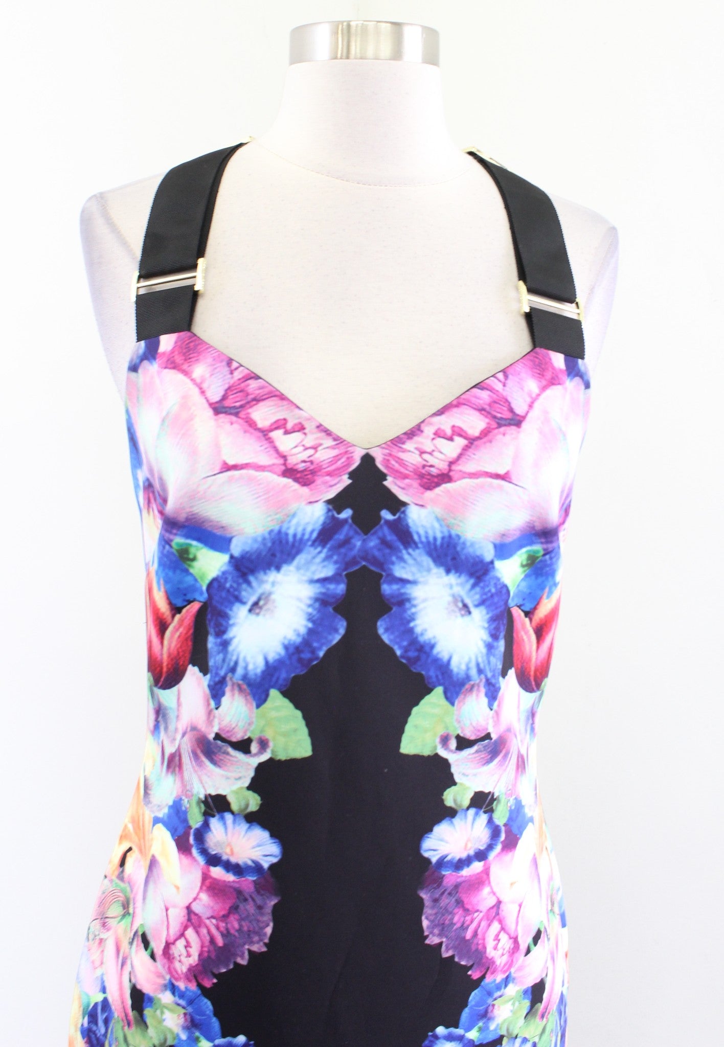 Ted Baker Deony Black Colorful Floral Bodycon Scuba Midi Dress Sz 2 Buckle Strap