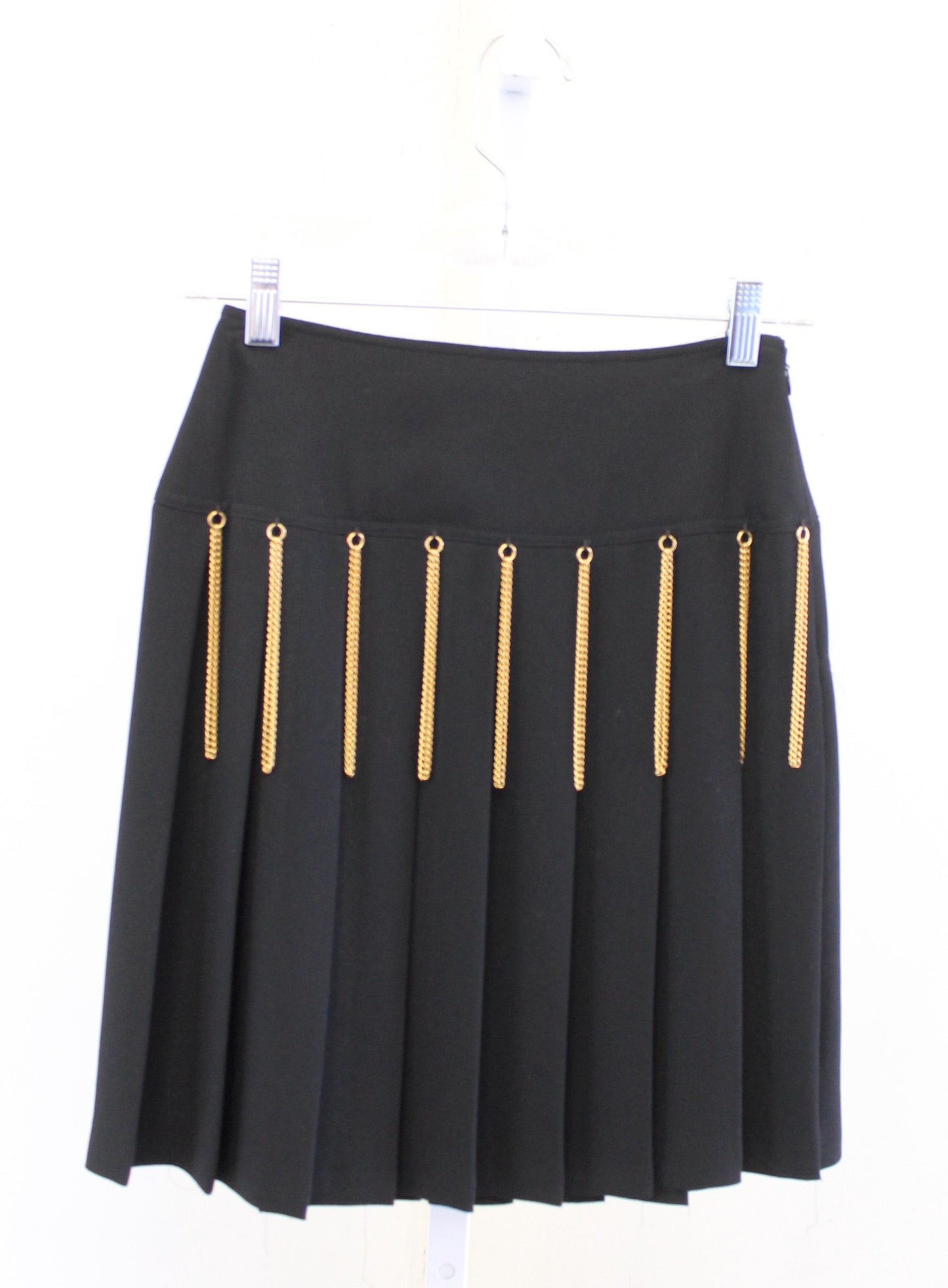 Vtg 90s Black Gold Chain Embellished Fringe Pleated Mini Skirt Size 4 Grunge