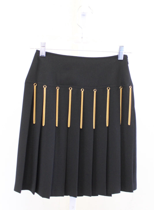 Vtg 90s Black Gold Chain Embellished Fringe Pleated Mini Skirt Size 4 Grunge