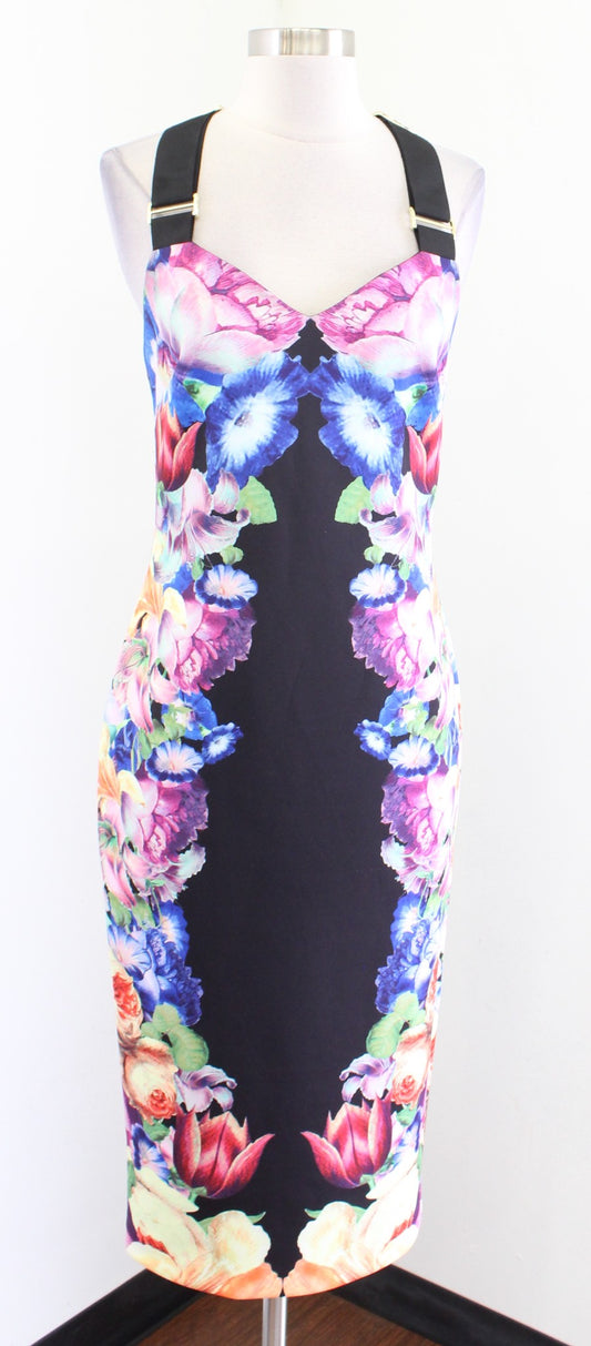 Ted Baker Deony Black Colorful Floral Bodycon Scuba Midi Dress Sz 2 Buckle Strap
