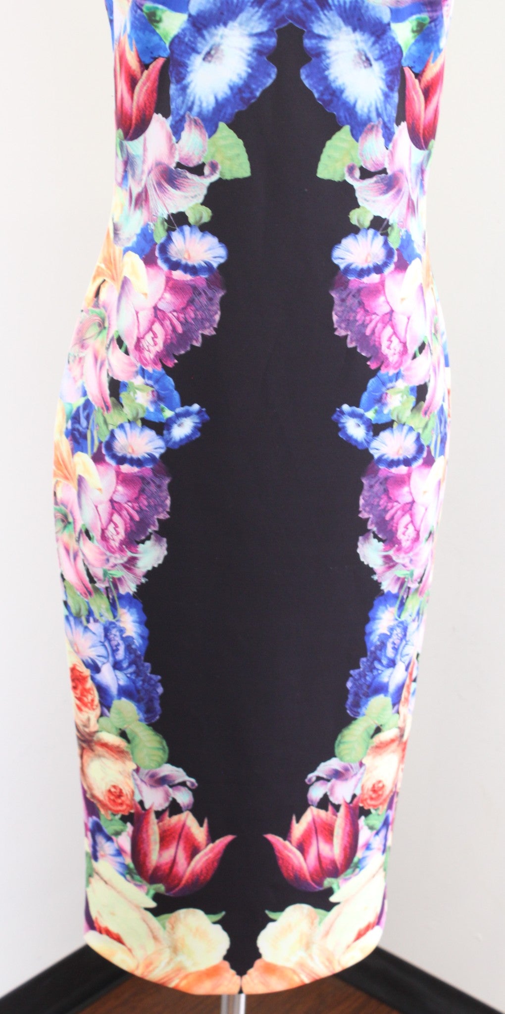 Ted Baker Deony Black Colorful Floral Bodycon Scuba Midi Dress Sz 2 Buckle Strap