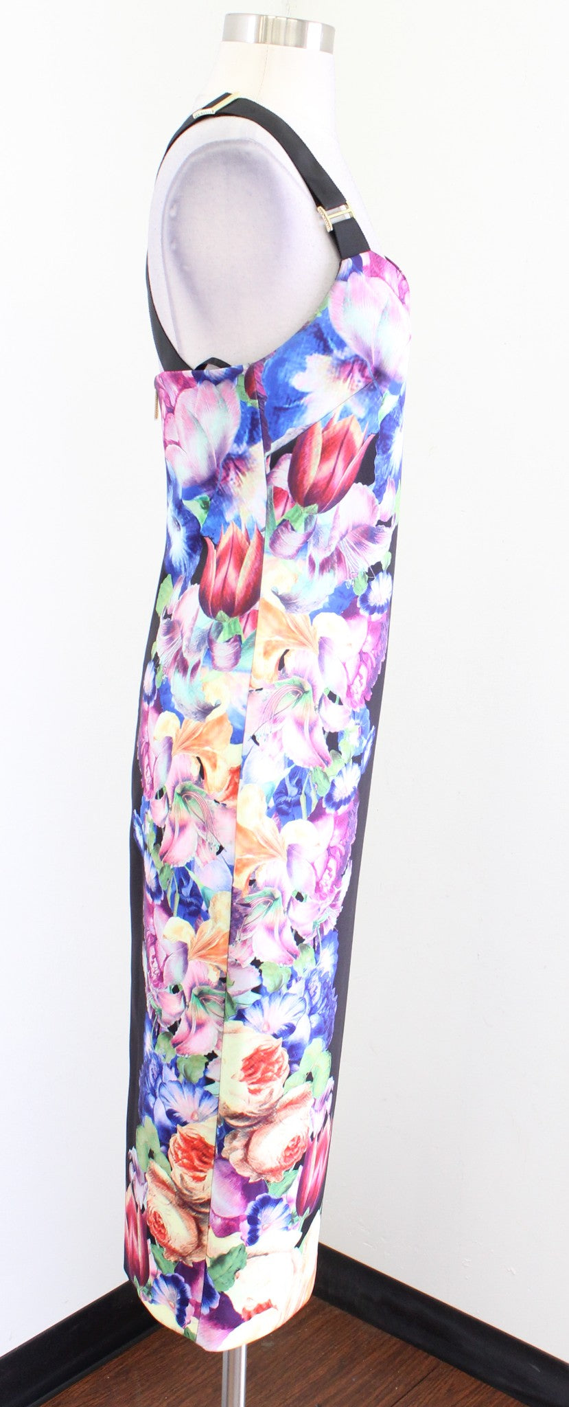 Ted Baker Deony Black Colorful Floral Bodycon Scuba Midi Dress Sz 2 Buckle Strap