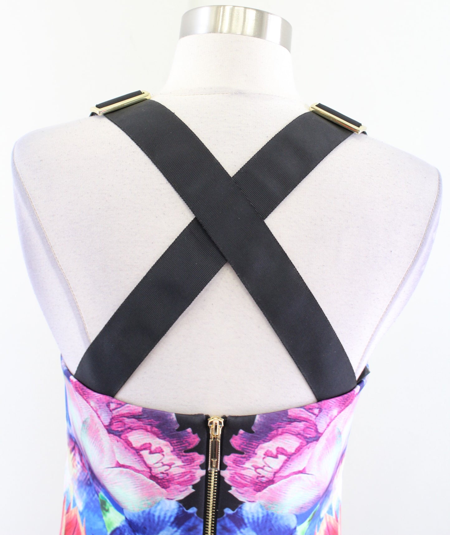 Ted Baker Deony Black Colorful Floral Bodycon Scuba Midi Dress Sz 2 Buckle Strap