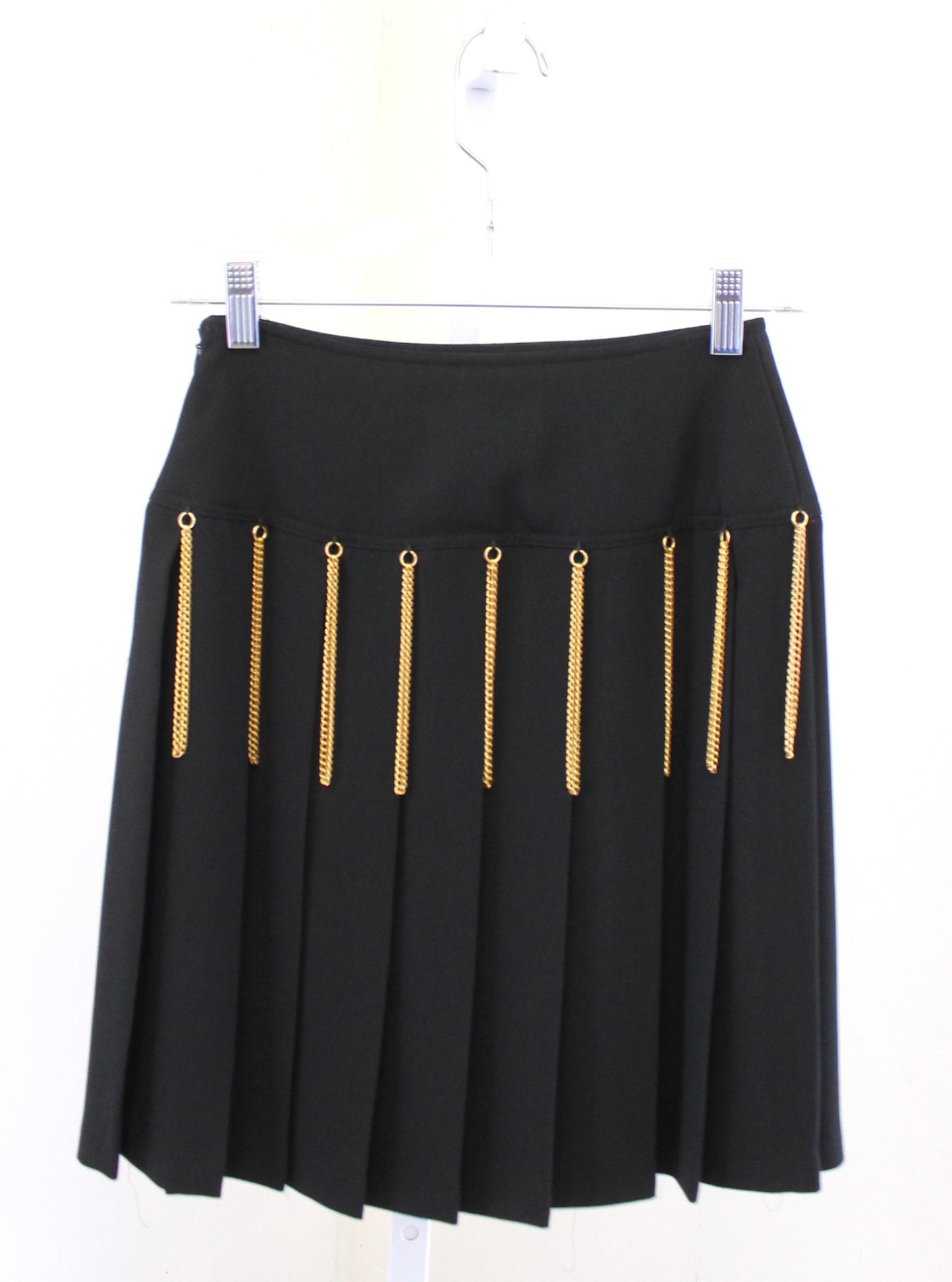 Vtg 90s Black Gold Chain Embellished Fringe Pleated Mini Skirt Size 4 Grunge
