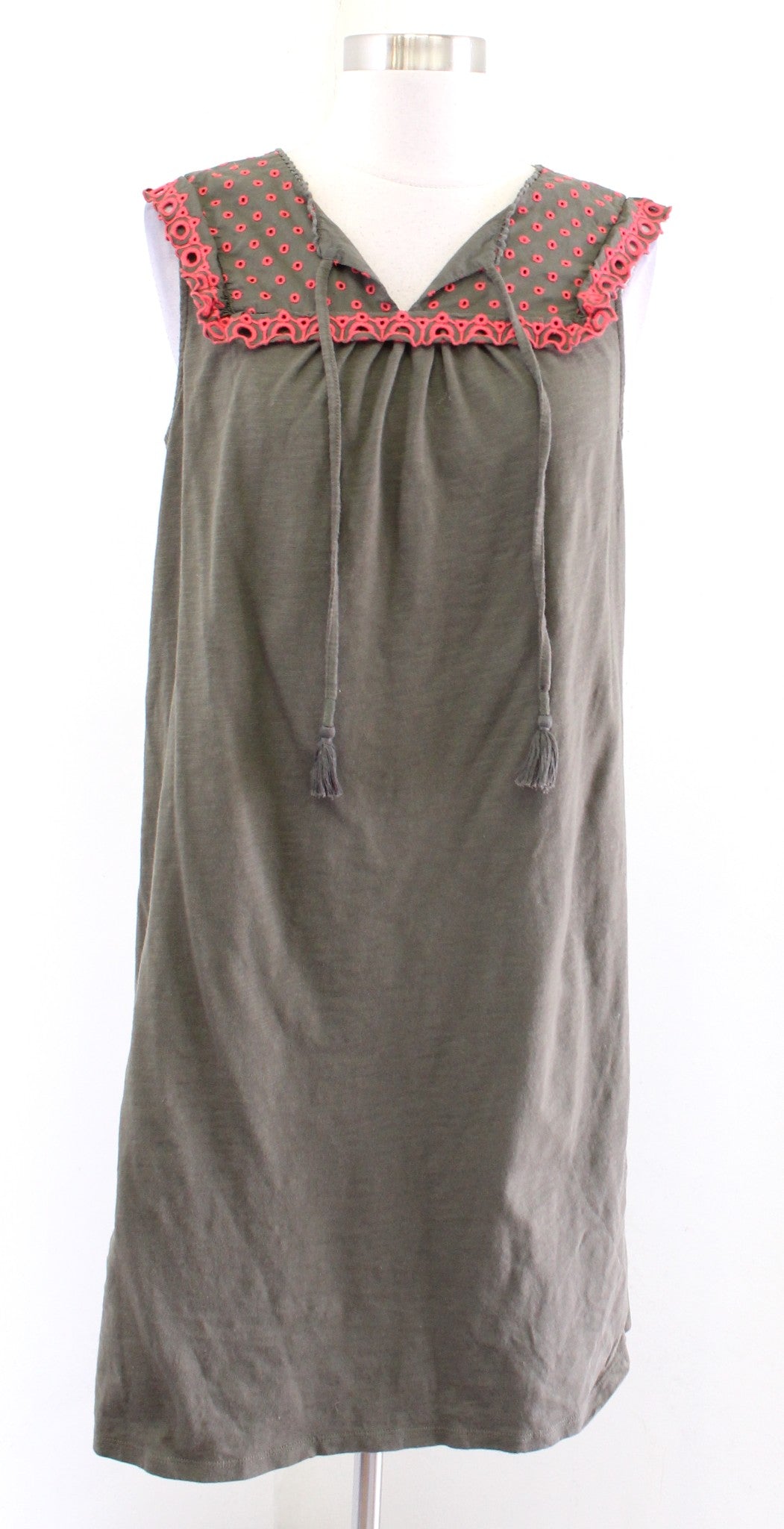 Boden Nella Olive Green Cotton Jersey Embroidered Tie Neck Shift Dress Sz 10R 10