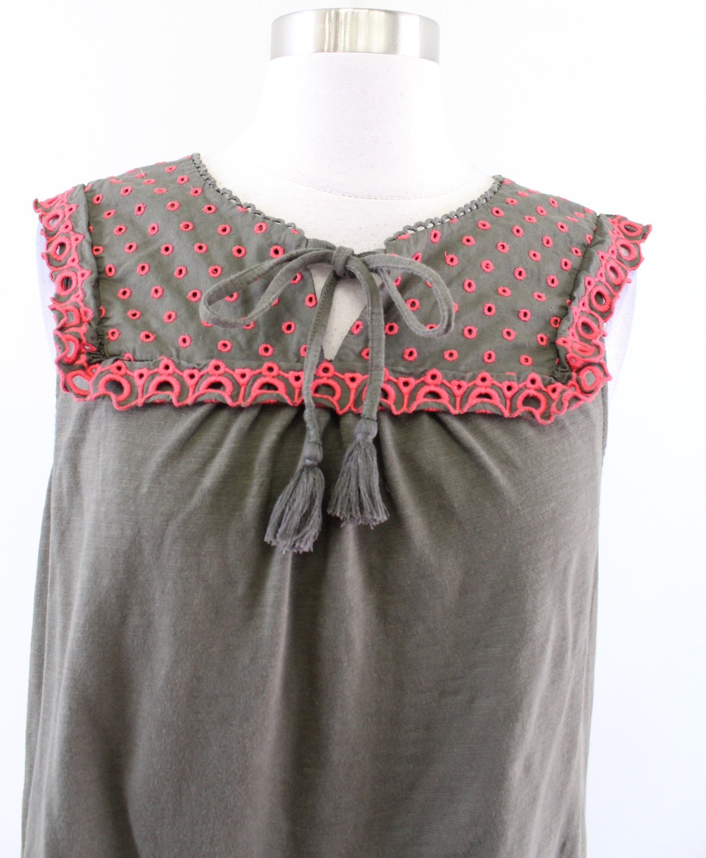 Boden Nella Olive Green Cotton Jersey Embroidered Tie Neck Shift Dress Sz 10R 10