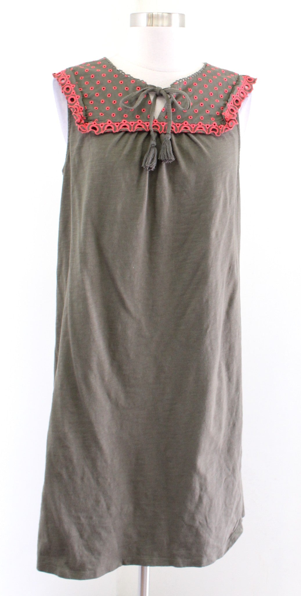 Boden Nella Olive Green Cotton Jersey Embroidered Tie Neck Shift Dress Sz 10R 10