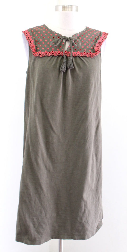 Boden Nella Olive Green Cotton Jersey Embroidered Tie Neck Shift Dress Sz 10R 10