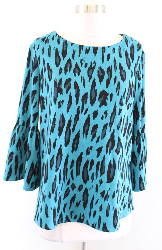 Tyler Boe Womens Teal Black Leopard Print Knit Bell Sleeve Top Blouse Size S