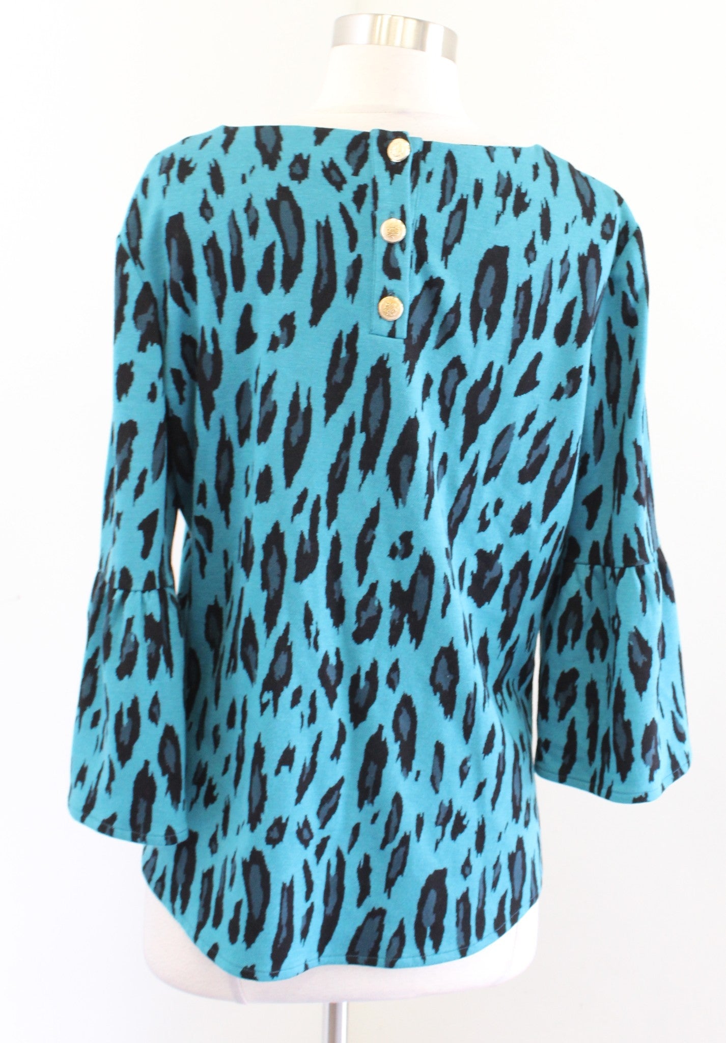 Tyler Boe Womens Teal Black Leopard Print Knit Bell Sleeve Top Blouse Size S