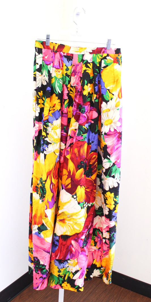Vtg 80s Raul Blanco Colorful Floral Silk Wide Leg Palazzo Pants Size 12 / M ?