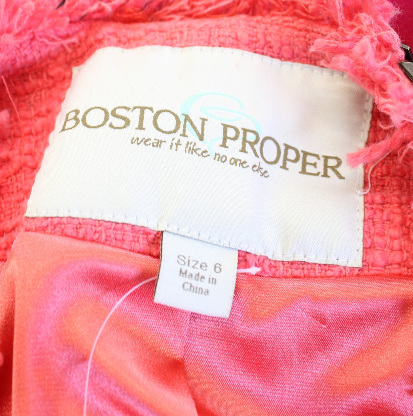 Boston Proper Coral Peach Tweed Beaded Chain Trim Embellished Blazer Jacket Sz 6