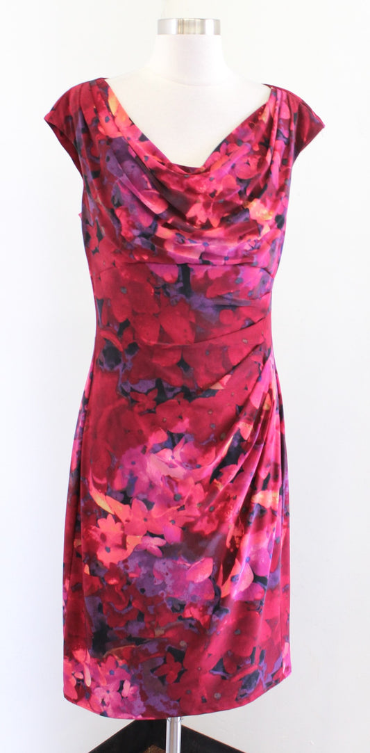 Lauren Ralph Lauren Red Floral Draped Neck Ruched Wiggle Sheath Dress Size 12
