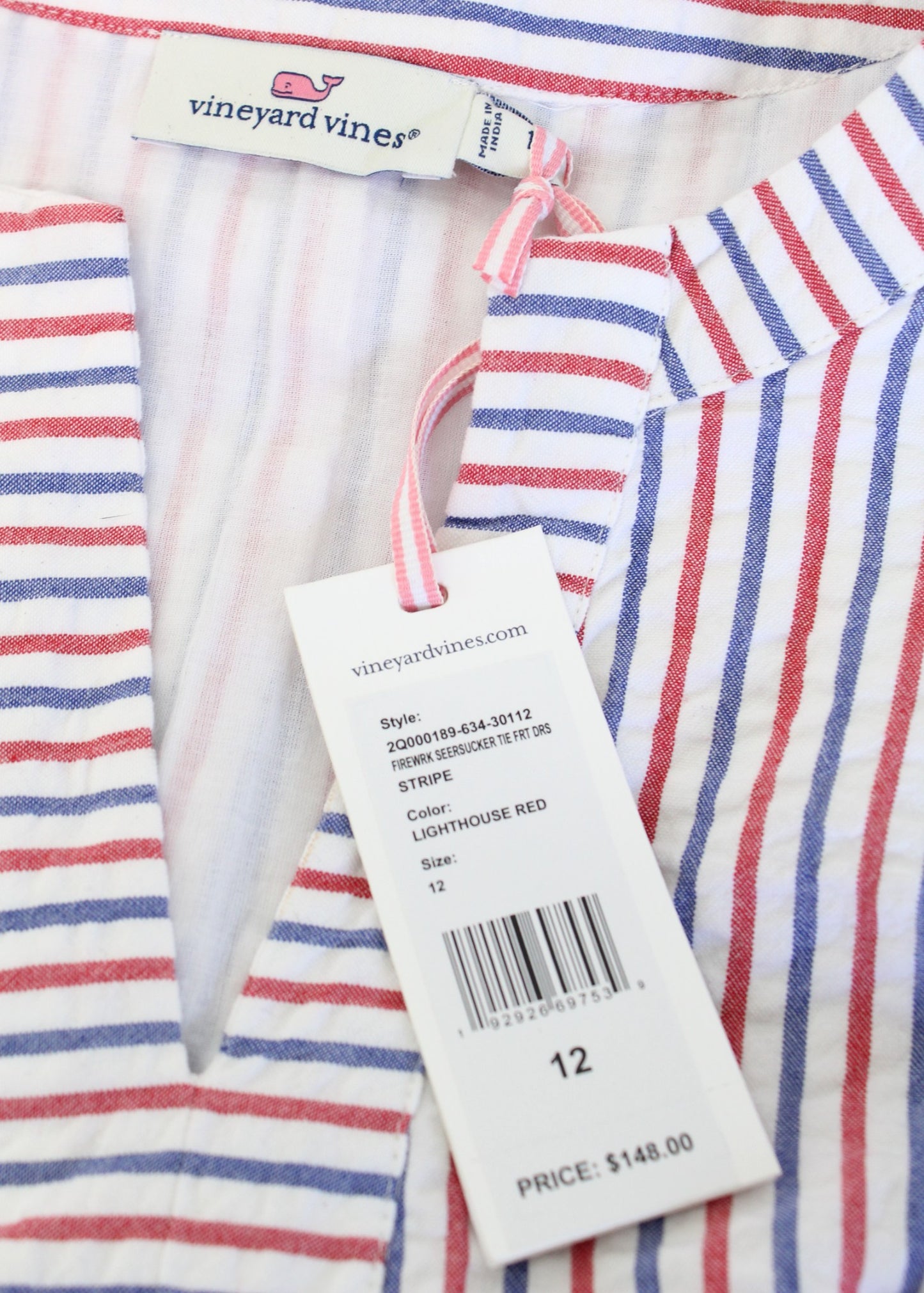 NWT Vineyard Vines Red White Blue Striped Seersucker Tie Waist Dress Size 12