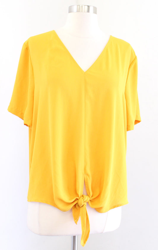 Madewell Novel Solid Yellow Short Sleeve Tie Front Top Blouse Size XL V Neck
