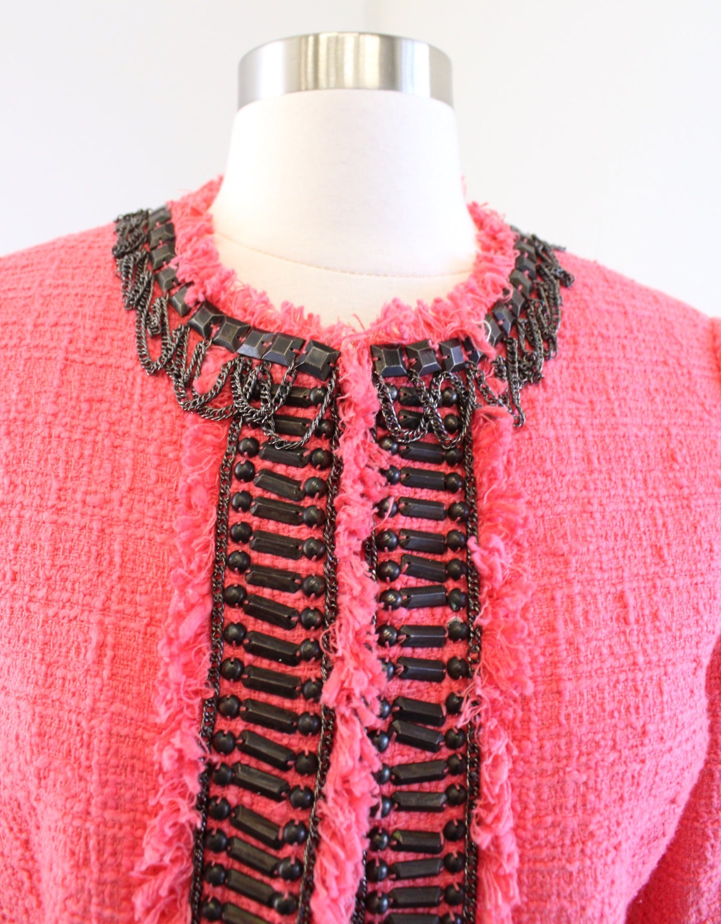 Boston Proper Coral Peach Tweed Beaded Chain Trim Embellished Blazer Jacket Sz 6