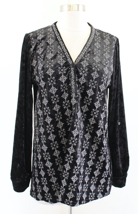 Andree by Unit Black Crushed Velvet Embroidered Popover Blouse Top Size M V Neck