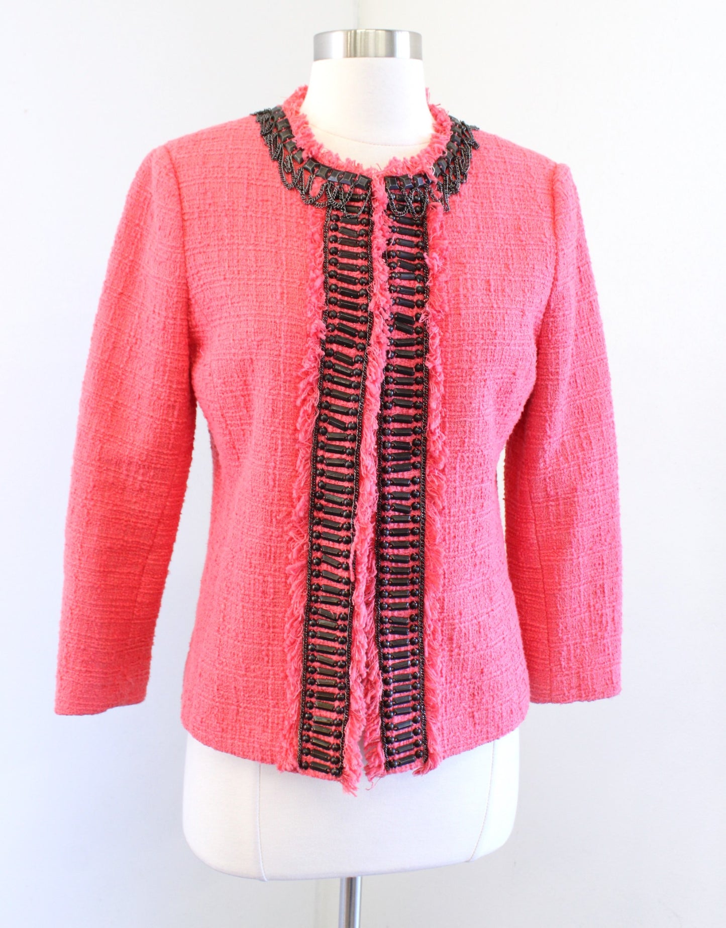 Boston Proper Coral Peach Tweed Beaded Chain Trim Embellished Blazer Jacket Sz 6