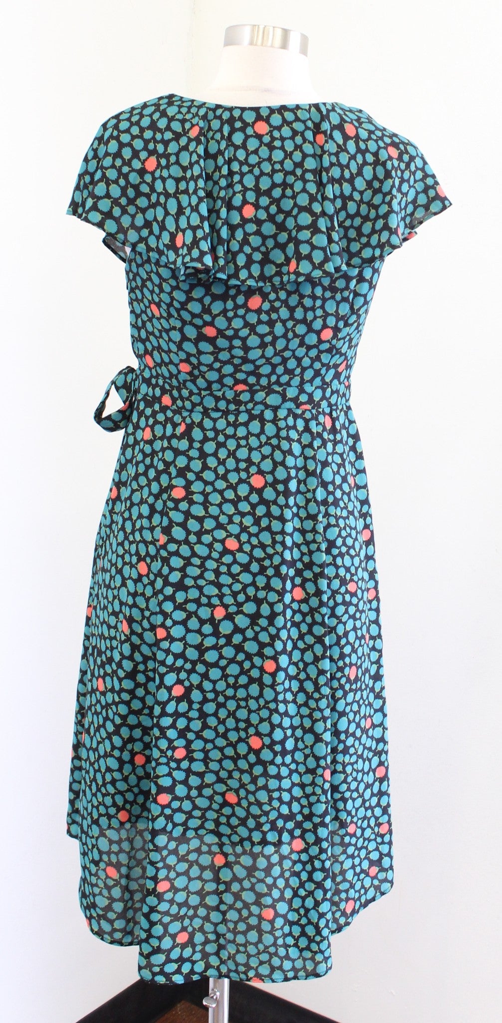 Hd in Paris Anthropologie Black Green Floral Faux Wrap Tie Ruffle Dress Size 4