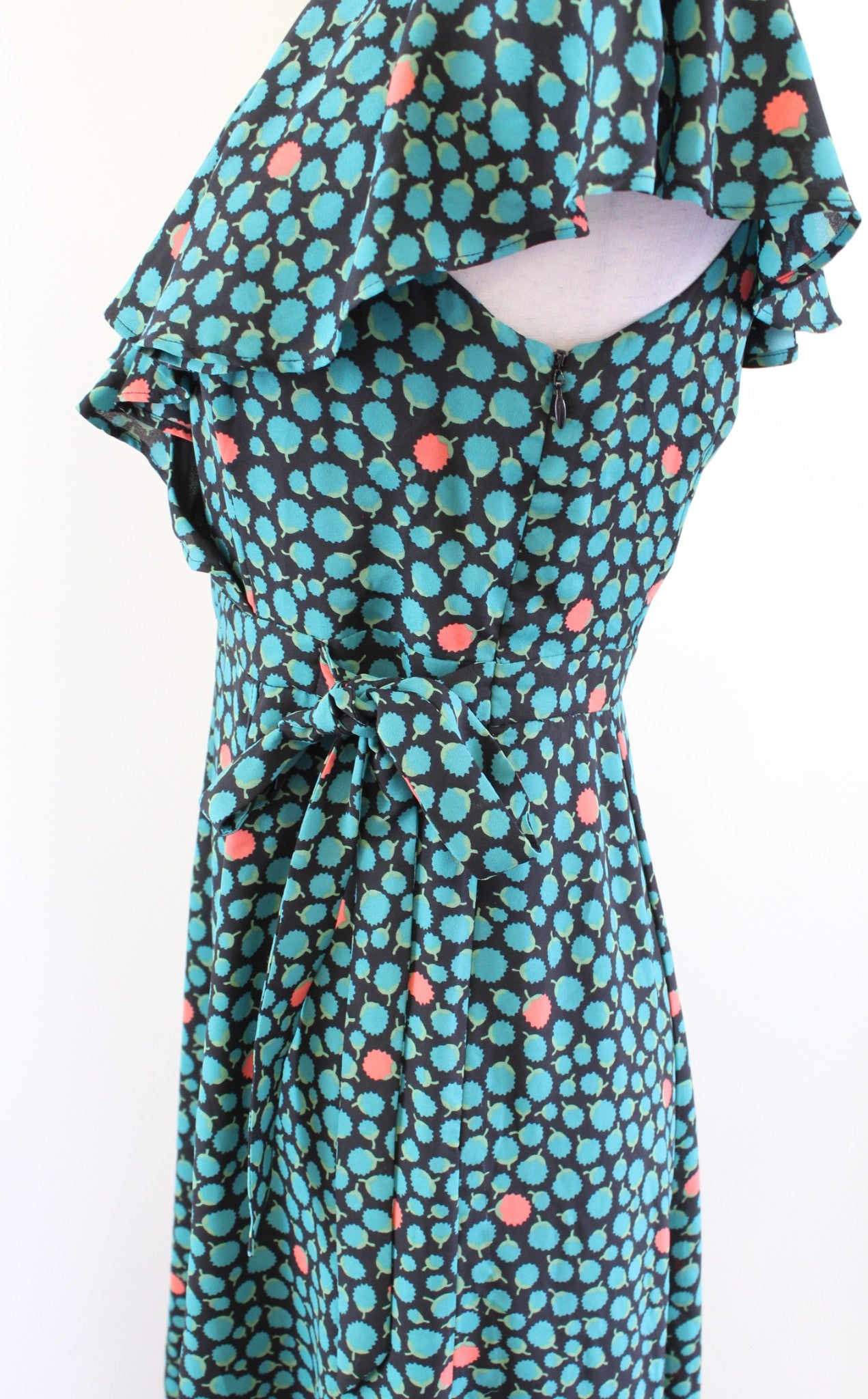 Hd in Paris Anthropologie Black Green Floral Faux Wrap Tie Ruffle Dress Size 4