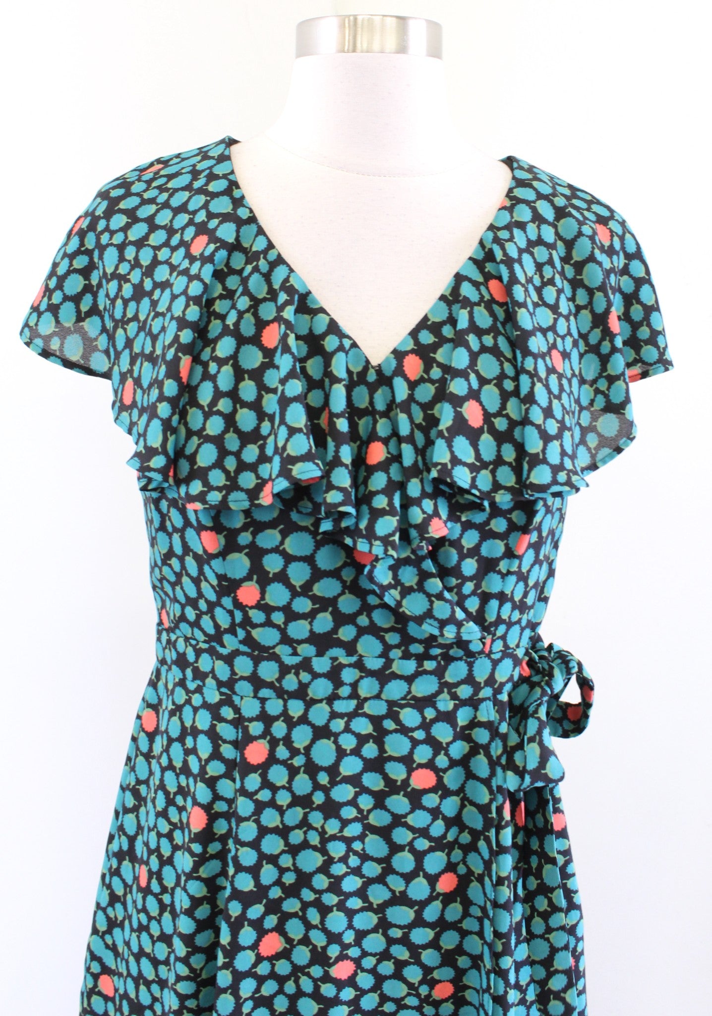 Hd in Paris Anthropologie Black Green Floral Faux Wrap Tie Ruffle Dress Size 4