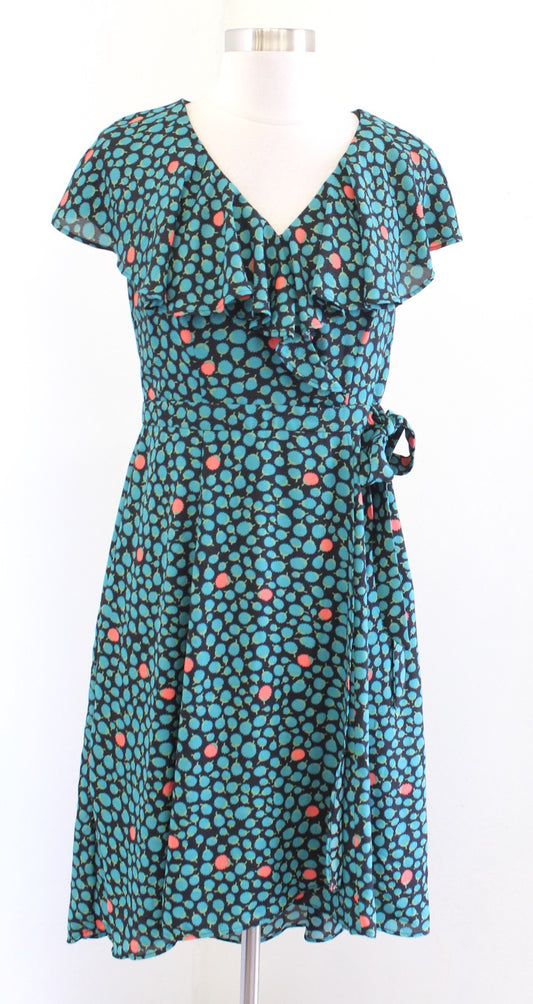 Hd in Paris Anthropologie Black Green Floral Faux Wrap Tie Ruffle Dress Size 4