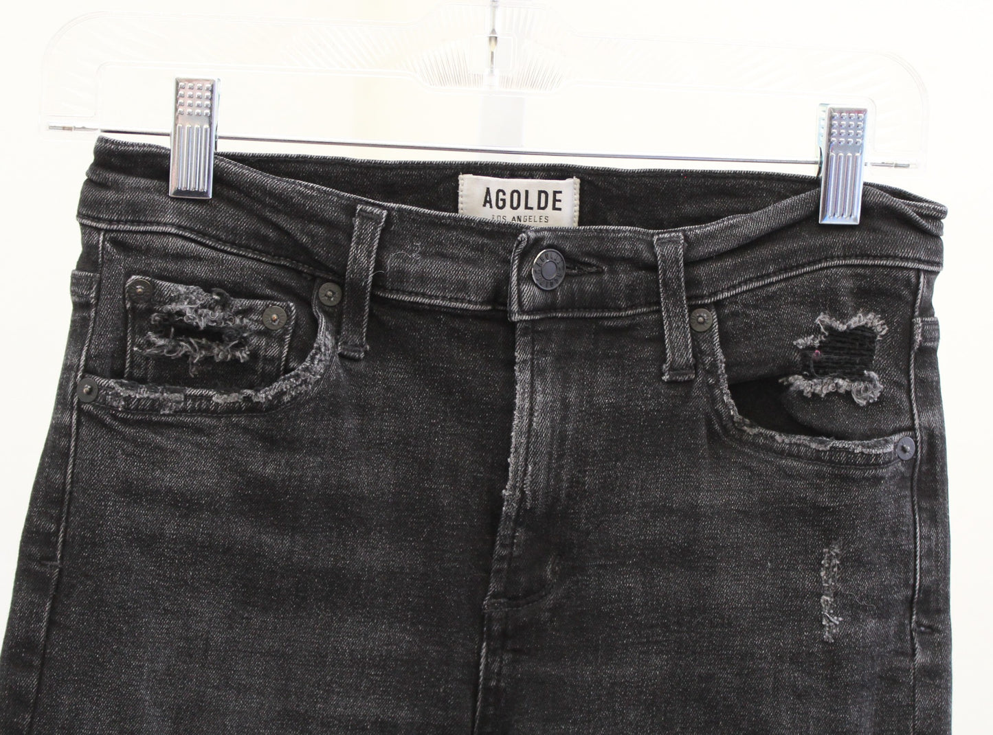 Agolde Sophie High Rise Ripped Hem Distressed Skinny Jeans Size 28 Black