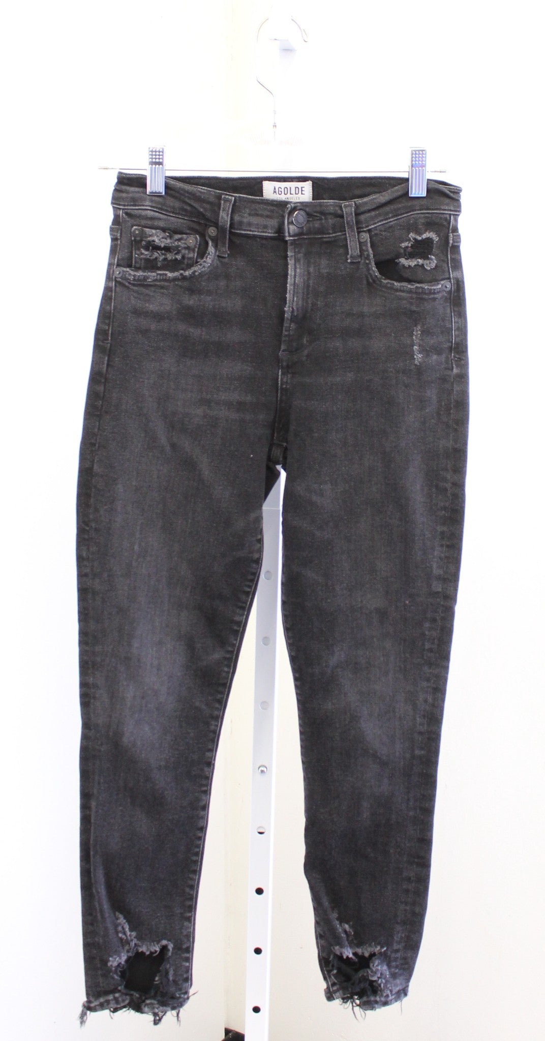 Agolde Sophie High Rise Ripped Hem Distressed Skinny Jeans Size 28 Black