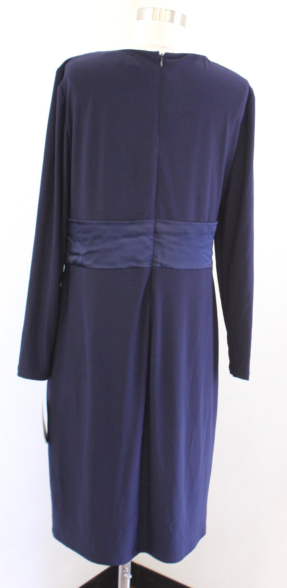 NWT $145 Lauren Ralph Lauren Navy Blue Jersey Satin Contrast Ruffle Dress Sz 12