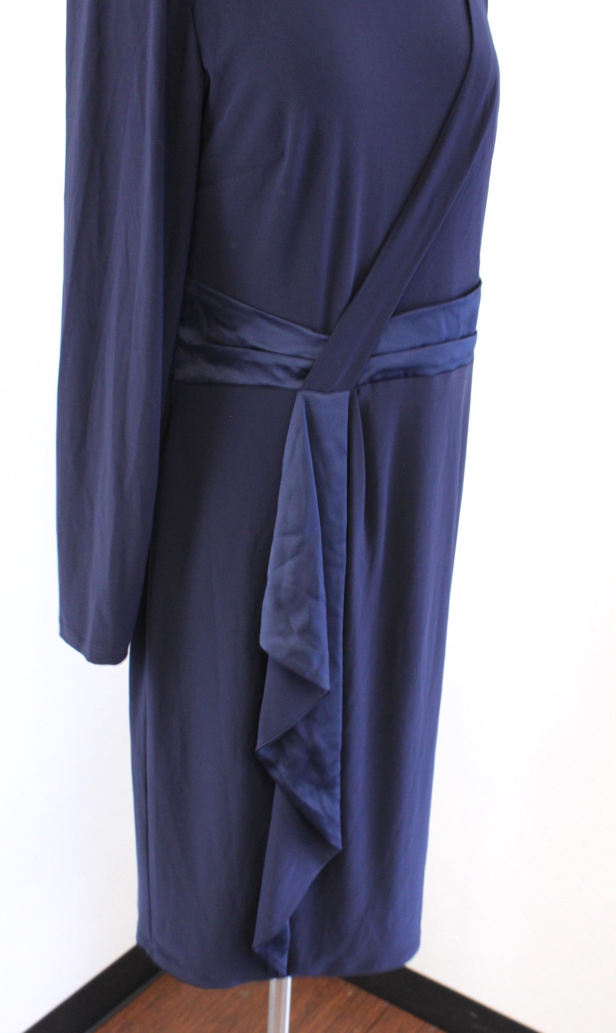 NWT $145 Lauren Ralph Lauren Navy Blue Jersey Satin Contrast Ruffle Dress Sz 12