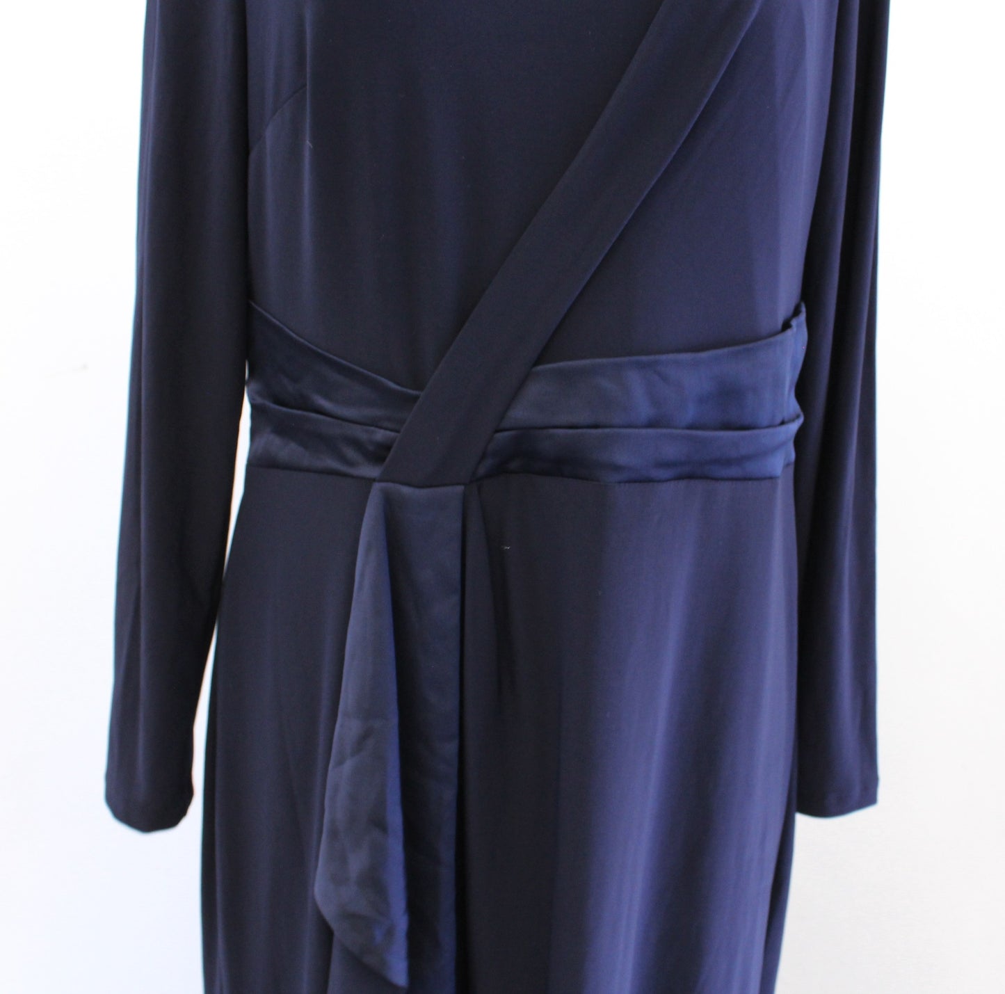 NWT $145 Lauren Ralph Lauren Navy Blue Jersey Satin Contrast Ruffle Dress Sz 12