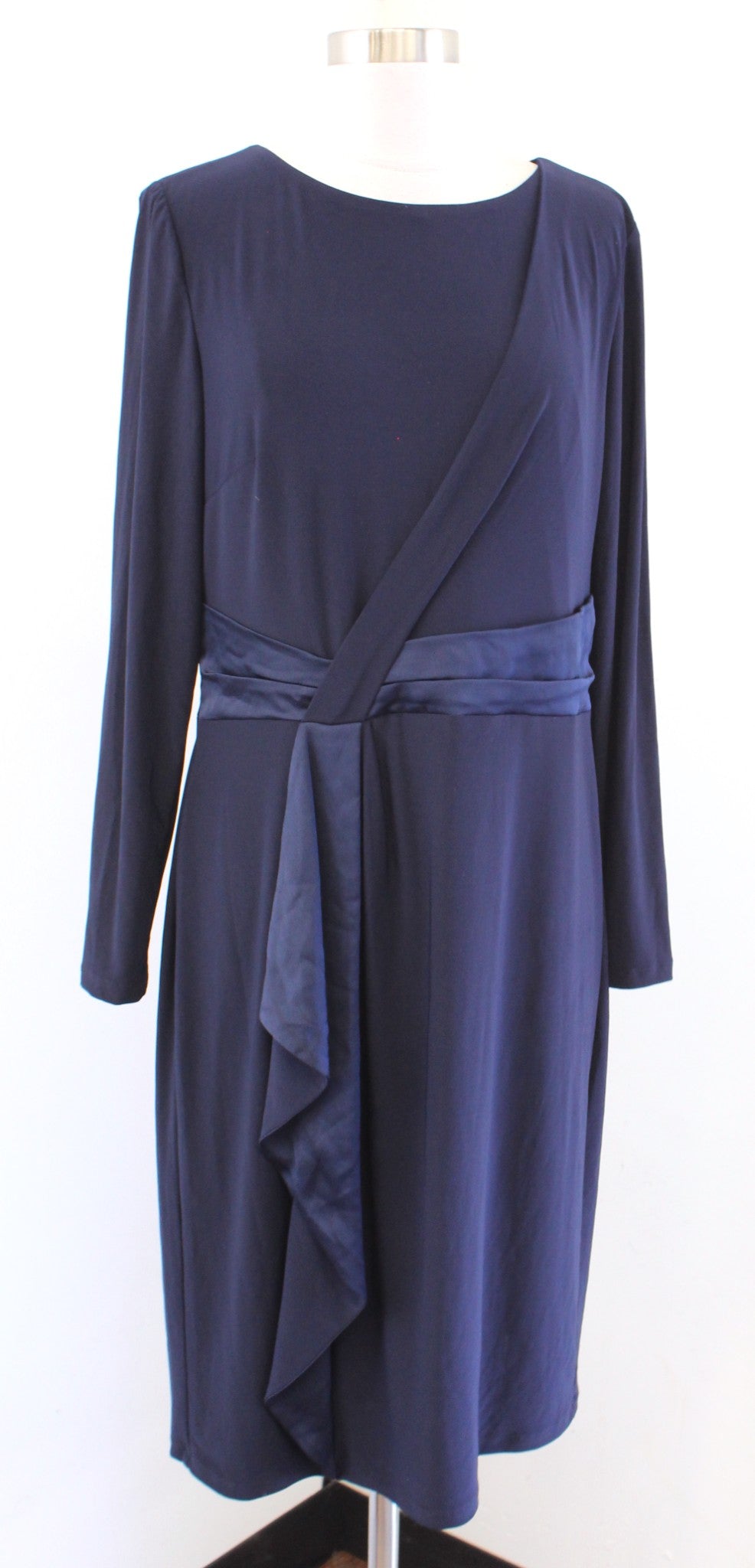 NWT $145 Lauren Ralph Lauren Navy Blue Jersey Satin Contrast Ruffle Dress Sz 12