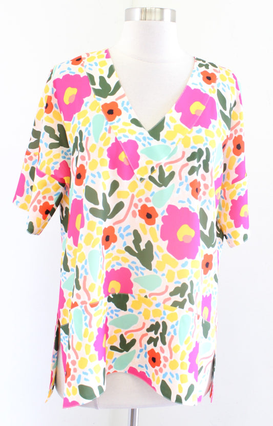 Crosby by Mollie Burch Bright Colorful Floral Print Top Blouse Size XS V Neck