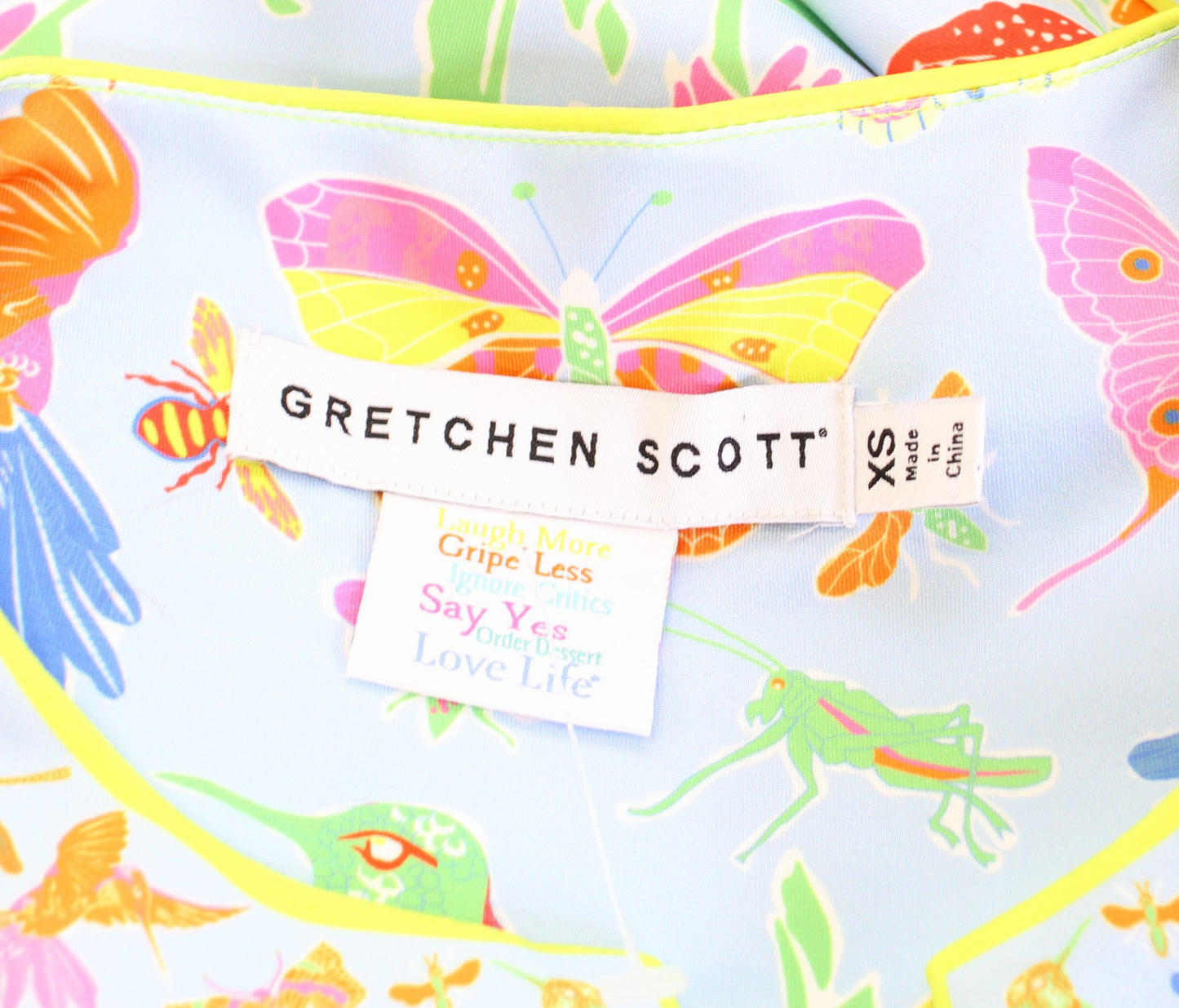 Gretchen Scott Birds and Bees Floral Butterfly Print Jersey Dress Size XS Blue