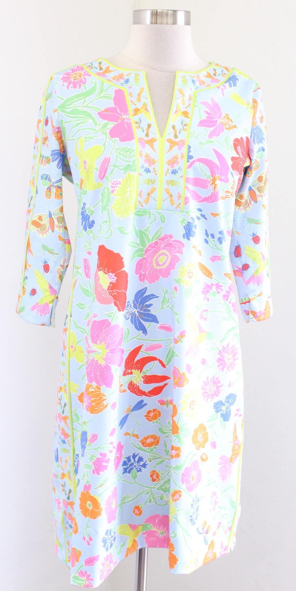 Gretchen Scott Birds and Bees Floral Butterfly Print Jersey Dress Size XS Blue