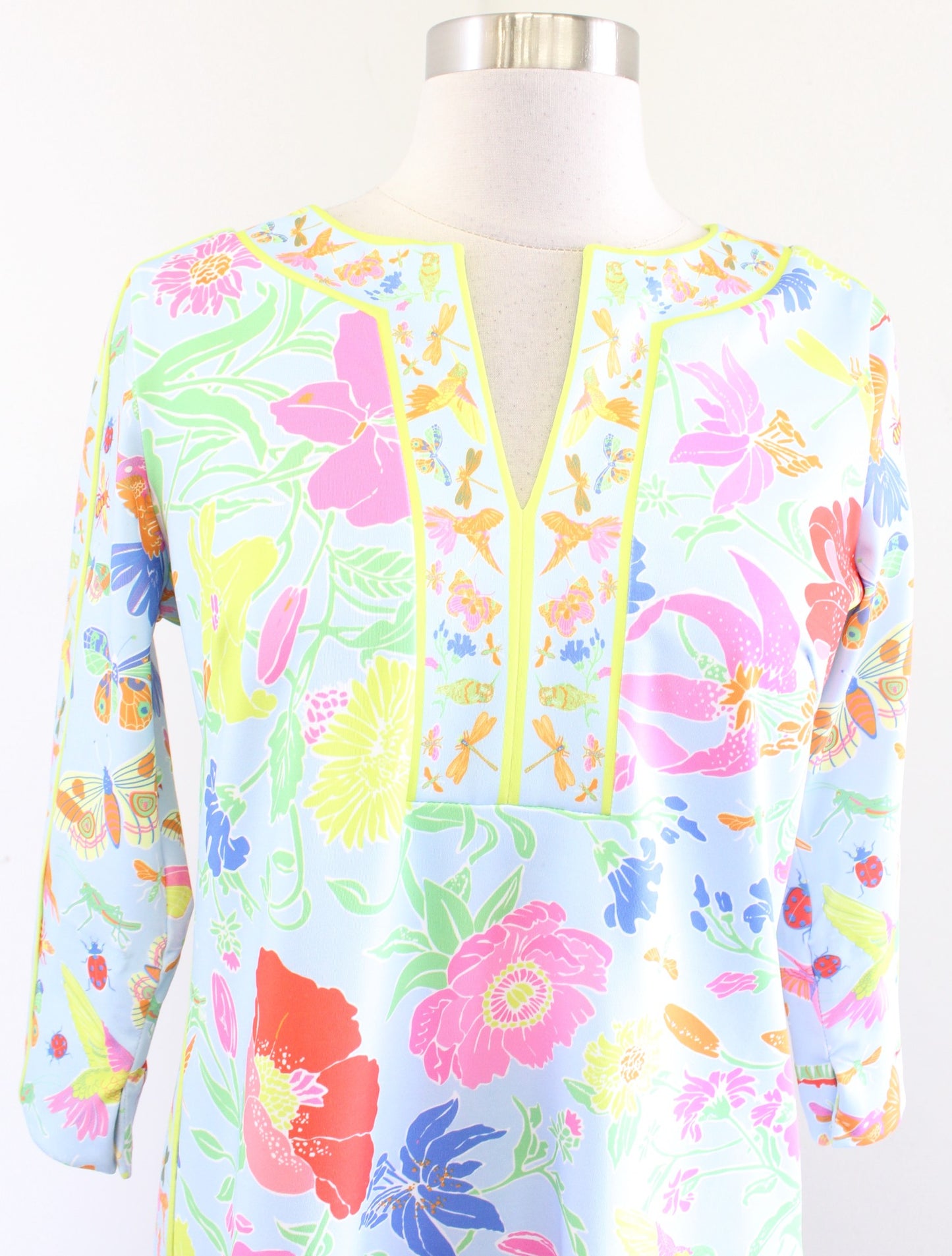 Gretchen Scott Birds and Bees Floral Butterfly Print Jersey Dress Size XS Blue