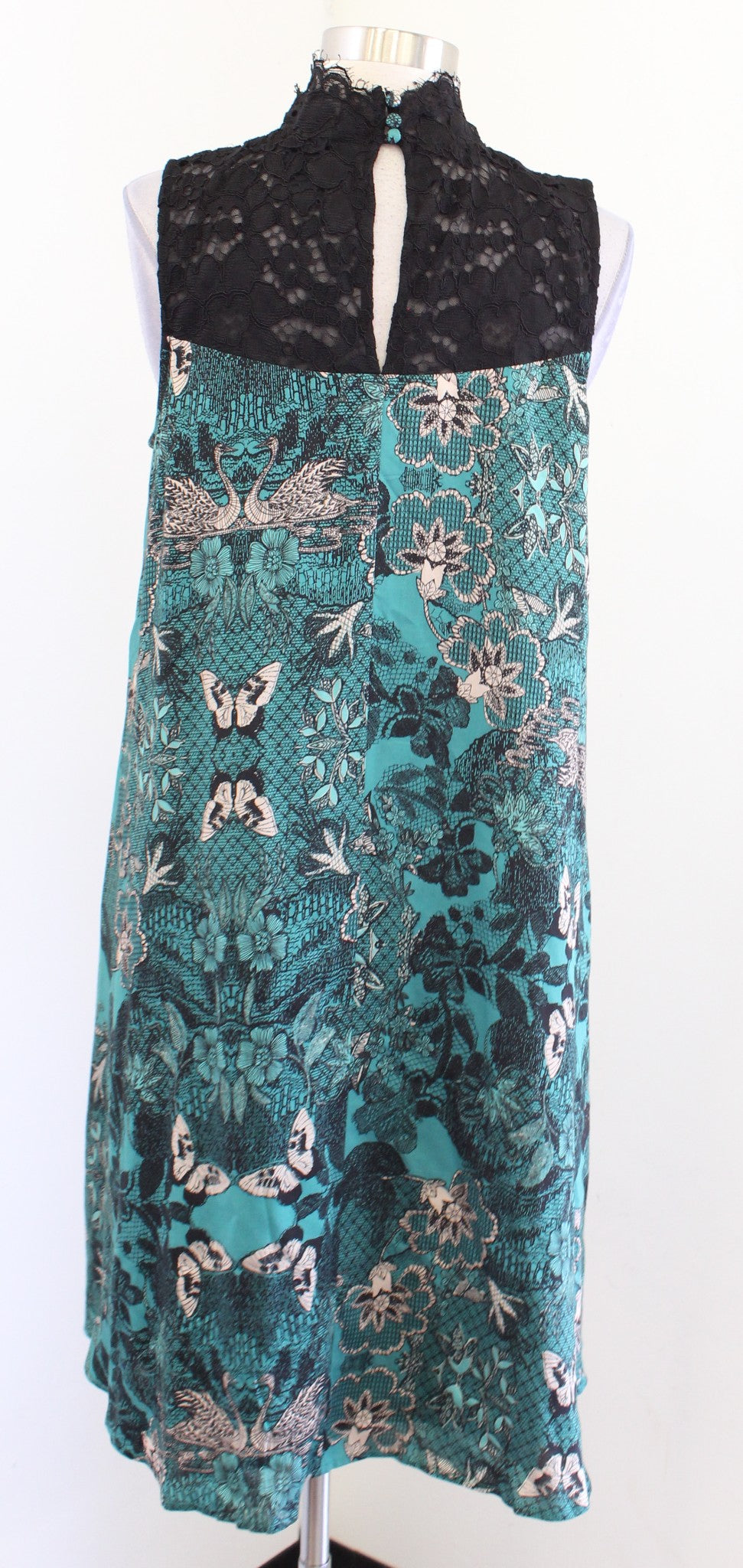 Maeve Anthropologie Green Black Lace Mock Neck Butterfly Silk Swing Dress Size S