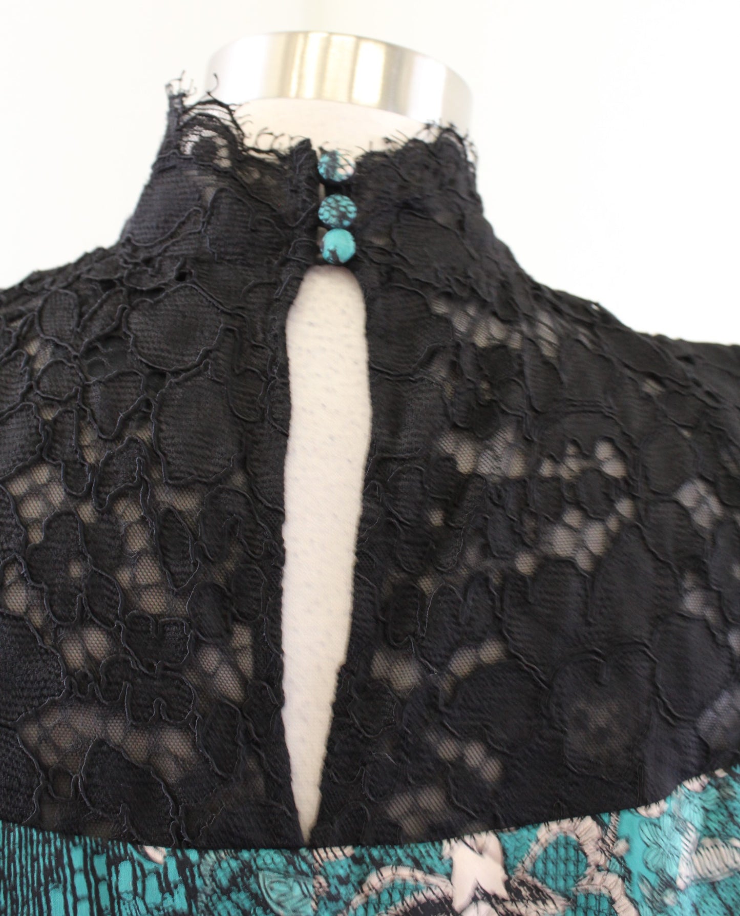 Maeve Anthropologie Green Black Lace Mock Neck Butterfly Silk Swing Dress Size S